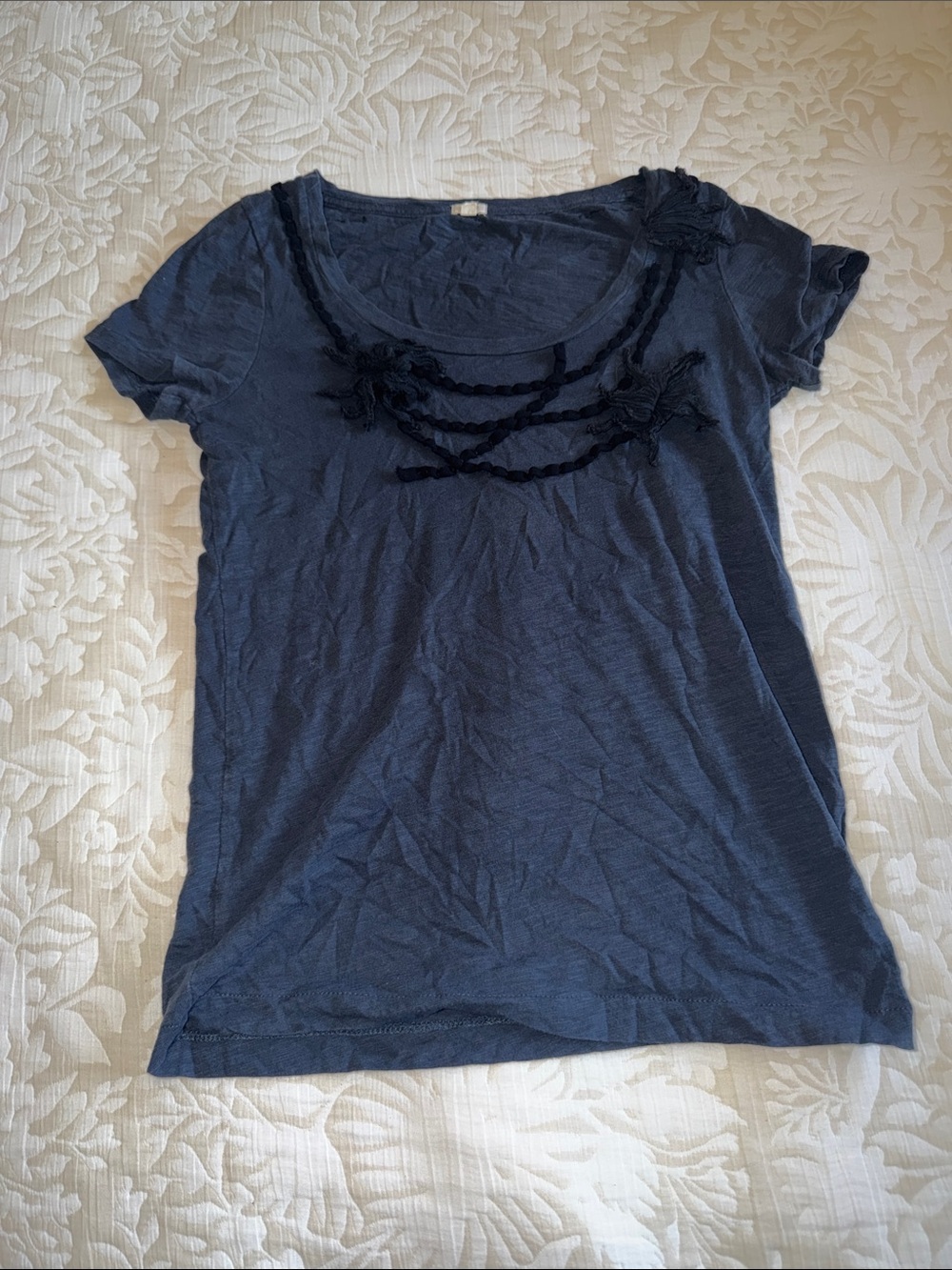 J. Crew Navy Short Sleeve Scoop Neck Tee with Braided Trim